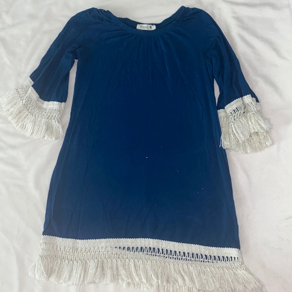 Kids navy dress with fringe.